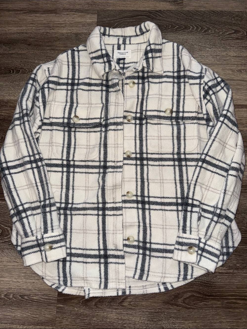 American Eagle Shacket Women's Size XS Sherpa Cream/Blue Flannel Plaid Fall Core